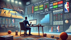 分析NBA投注數據的玩家正在使用電腦研究球隊對戰與策略，畫面包含賠率變動與勝率趨勢圖