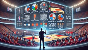 NBA比賽現場顯示各種投注選項與玩法，包含讓分盤、大小分、勝負投注、球員數據投注與串關玩法