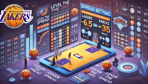 NBA讓分盤投注圖解，展示Lakers與Knicks的比數差與讓分分析策略