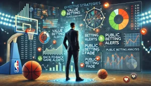 NBA運彩高效投注策略圖，展示Value Betting、Public Betting Fade與資料分析視覺化