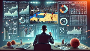 一位分析師坐在螢幕前，透過數據圖表與比賽畫面進行NBA比賽分析與投注決策。